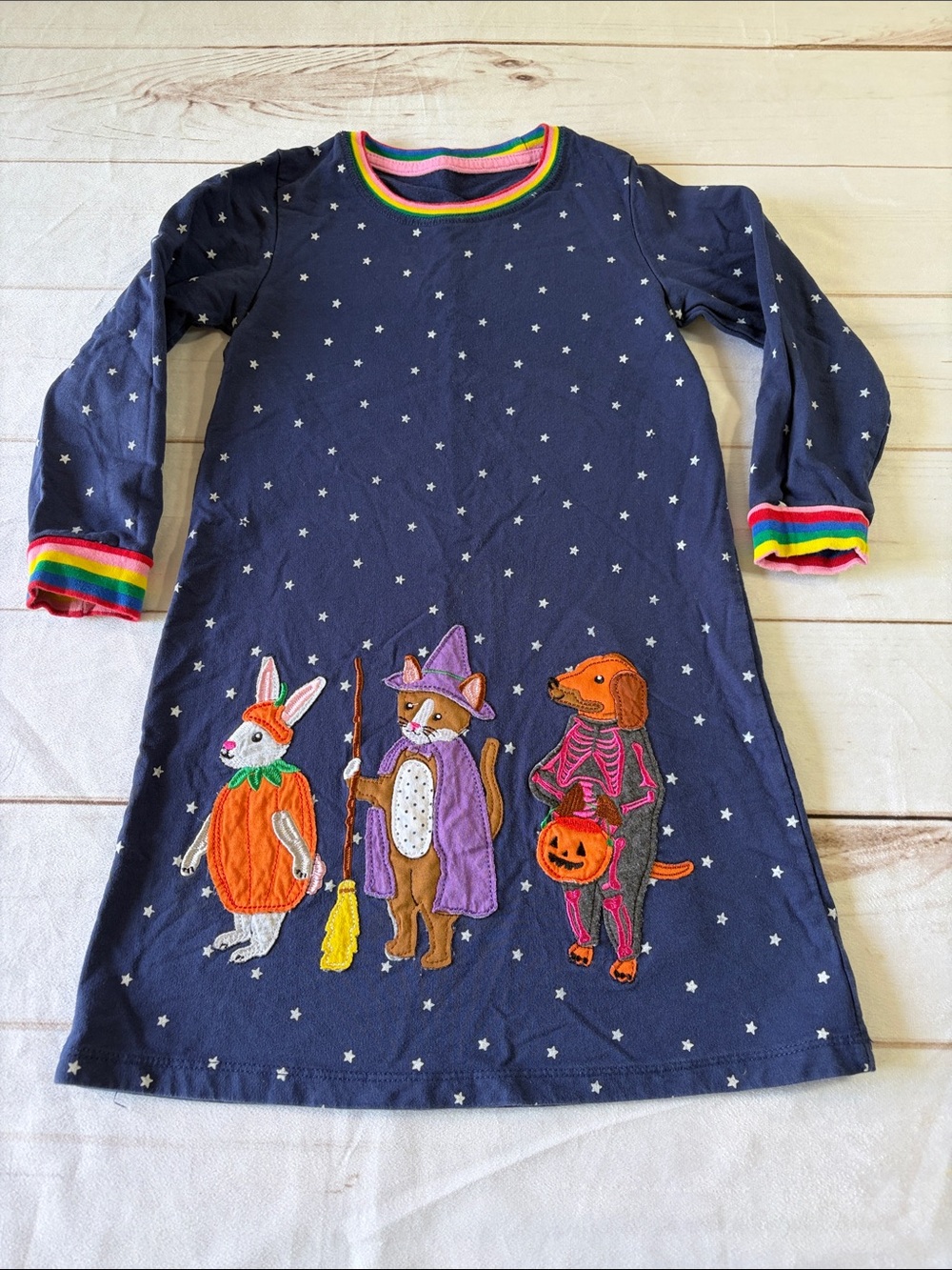 Mini Boden Kids Navy Star Halloween Swearshirt Dress with Animal Appliqués